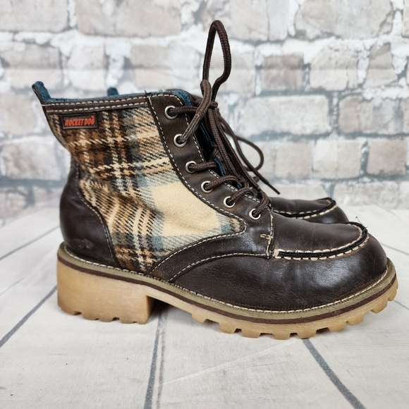 Rocket Dog Chunky Ankle Boot Lace Up Vegan Leather Plaid Fabric Size 6 1/2 Brown - Picture 1 of 12